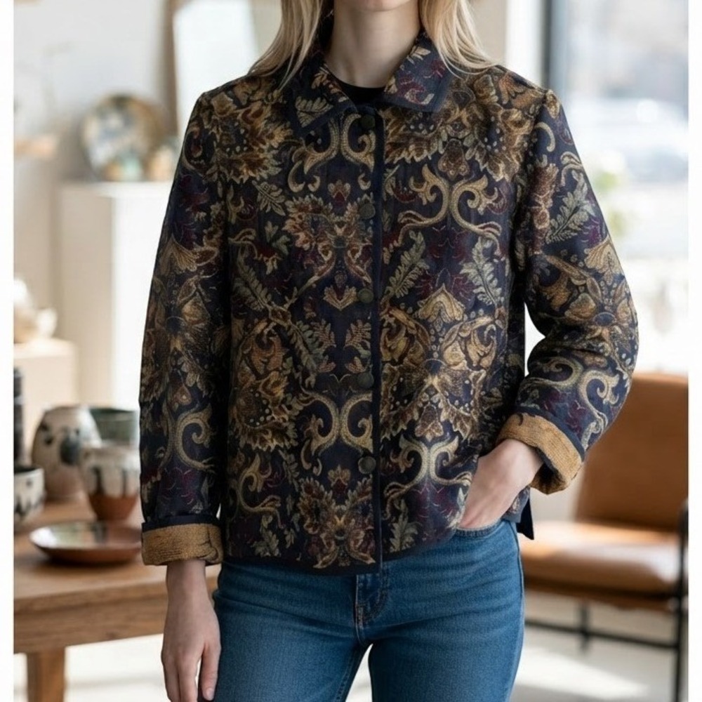 Vintage Tapestry Jacket Blue Gold Floral Damask Dark Academia Artsy Grandma L
